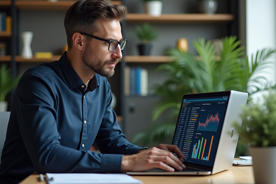 Homme concentré analysant des outils SQL sur son ordinateur