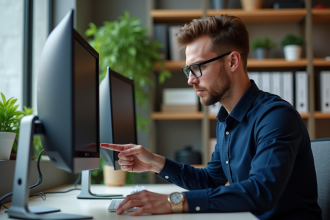Jeune homme au bureau compare deux écrans haute définition