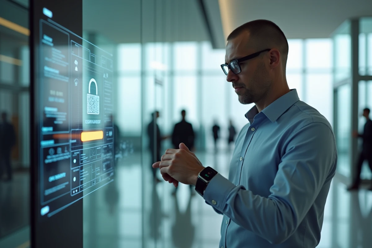 Homme avec smartwatch dans un hall d