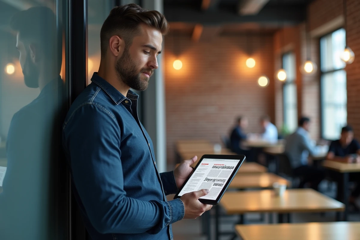 Homme debout dans un espace de coworking tenant une tablette affichant des tendances web high-tech
