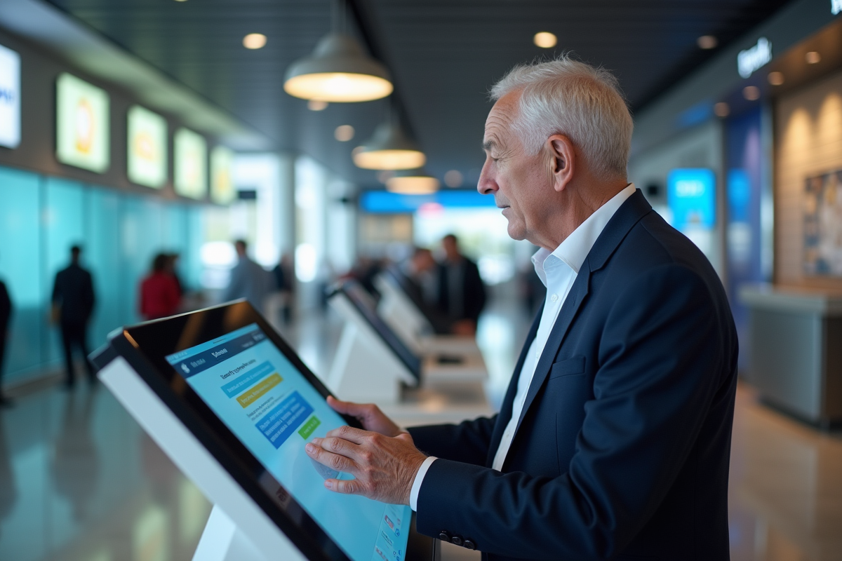 Homme âgé utilisant un kiosque interactif avec chatbot