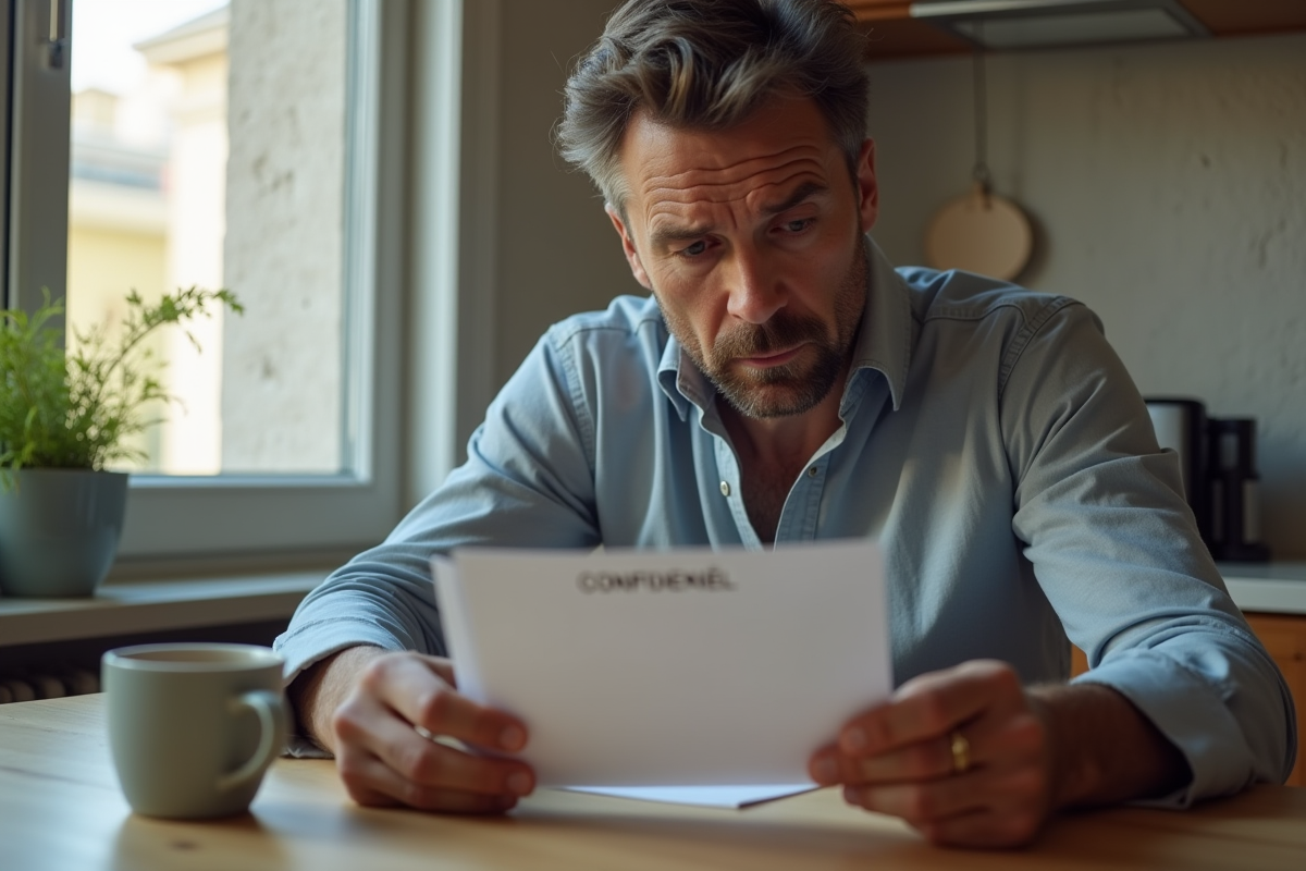 Homme d age lisant une lettre confidentielle chez lui