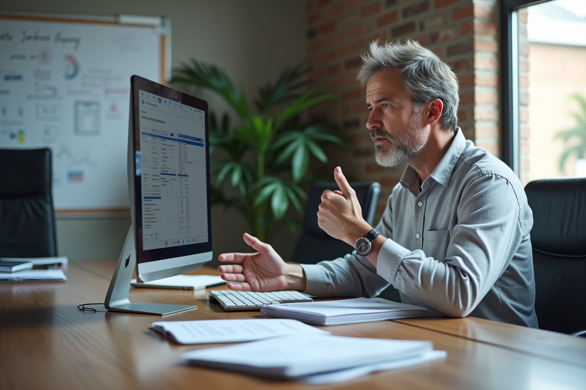 Homme en réunion analysant des données sur un ordinateur