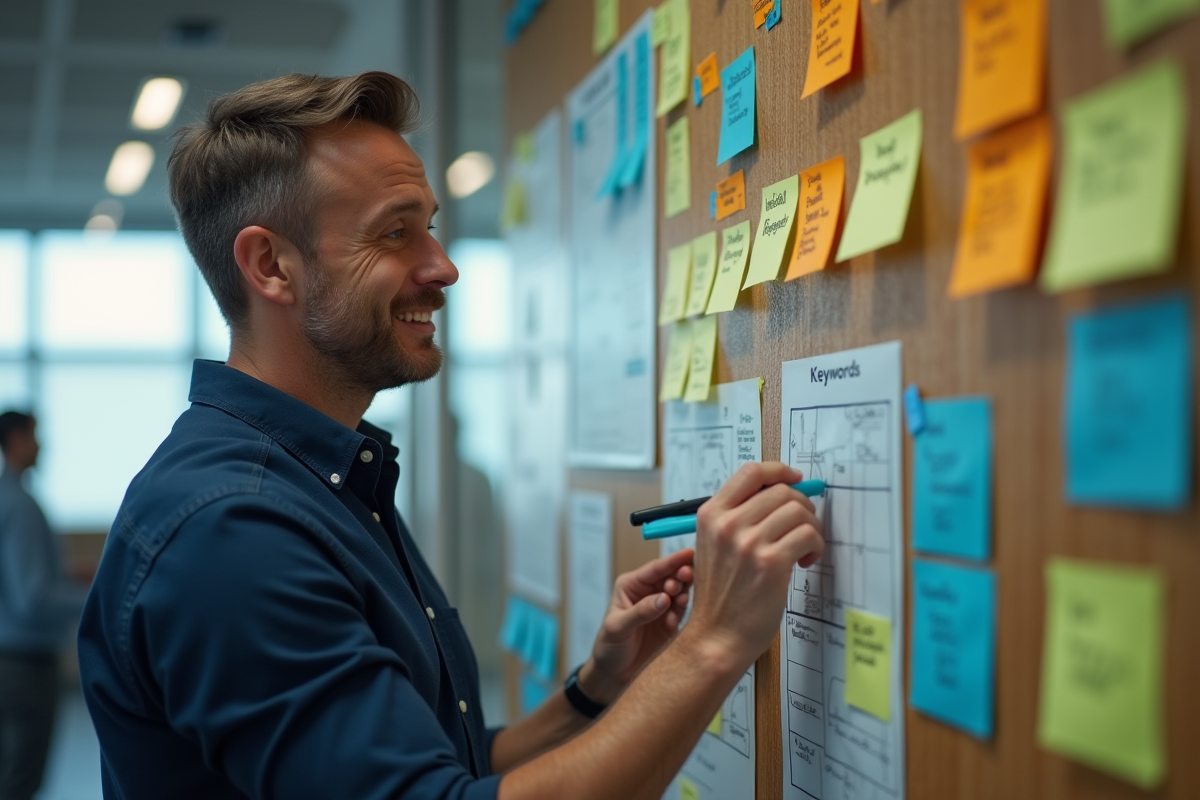 Homme discutant stratégie avec notes colorées