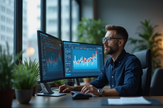 Ingénieur homme en bureau moderne surveillant des écrans