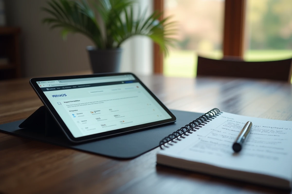 Tablette affichant l'interface webmail IONOS avec barre de progression d'importation d'emails et notes manuscrites