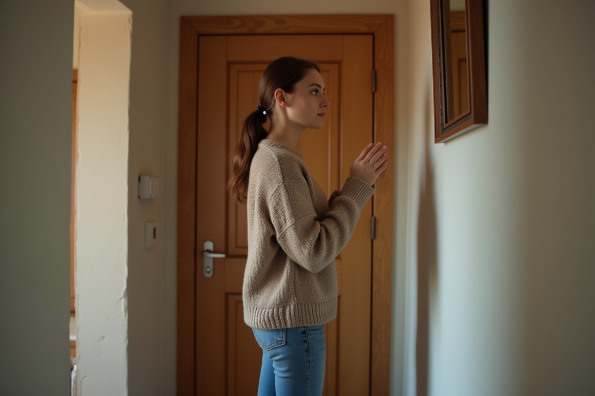 Jeune femme en automne devant une porte en bois fermée