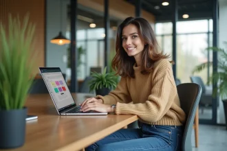 Jeune femme professionnelle travaillant sur un ordinateur dans un bureau lumineux