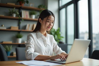 Jeune femme professionnelle travaillant sur son ordinateur dans un bureau lumineux