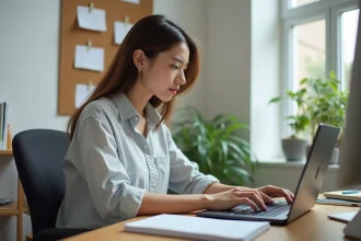 Jeune femme en tenue de bureau travaille sur un ordinateur dans un bureau moderne