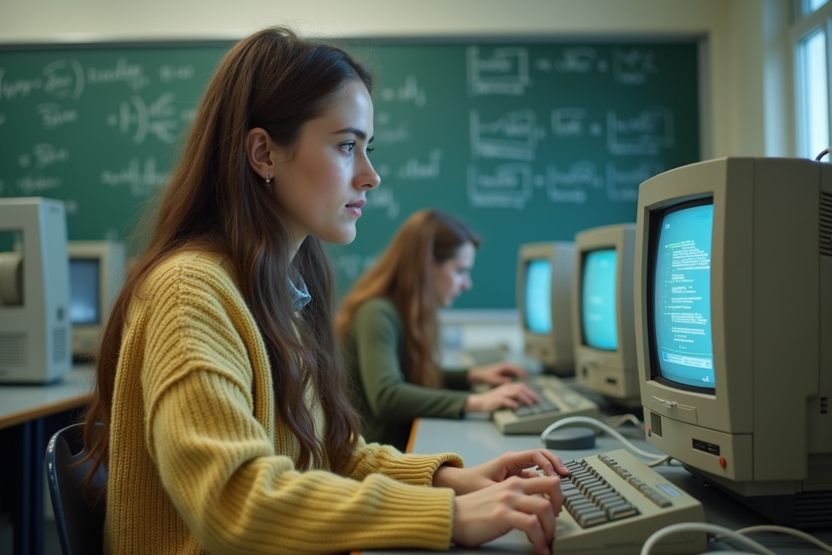 Jeune femme en 1980s tapant du code sur un terminal rétro