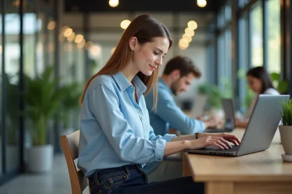 Jeune femme au coworking concentrée sur son ordinateur portable