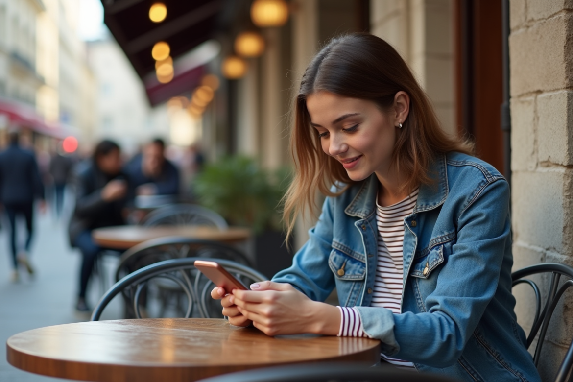 Jeune femme parisienne utilisant son smartphone en terrasse
