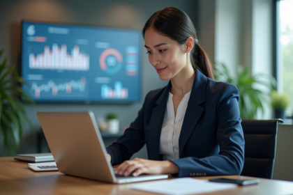 Femme professionnelle utilisant un ordinateur dans un bureau moderne