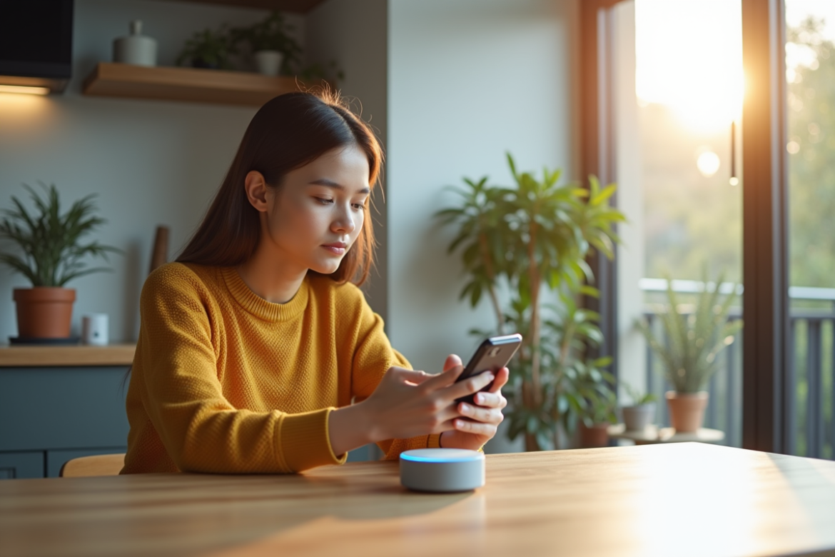 Jeune femme installant un Echo Dot dans une cuisine lumineuse