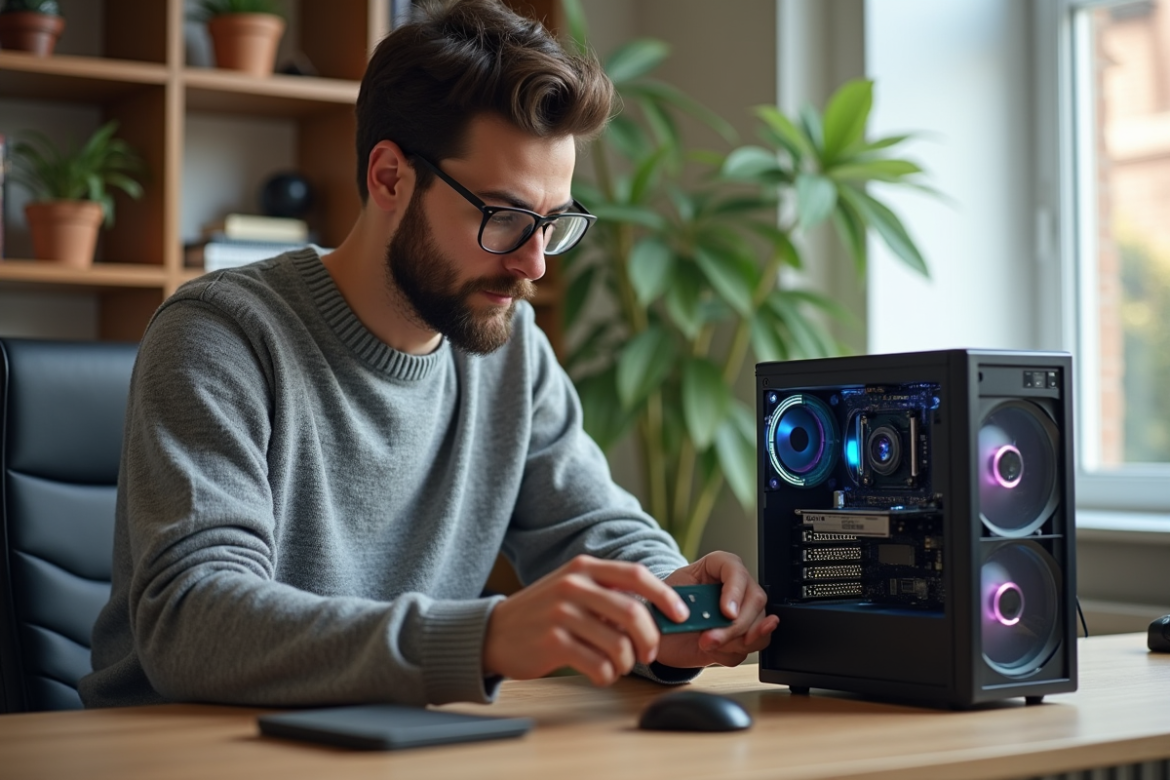 Jeune homme assemble un ordinateur dans un bureau lumineux