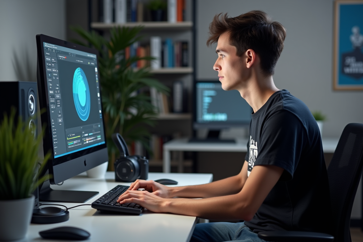 Jeune homme concentré devant son ordinateur en home office