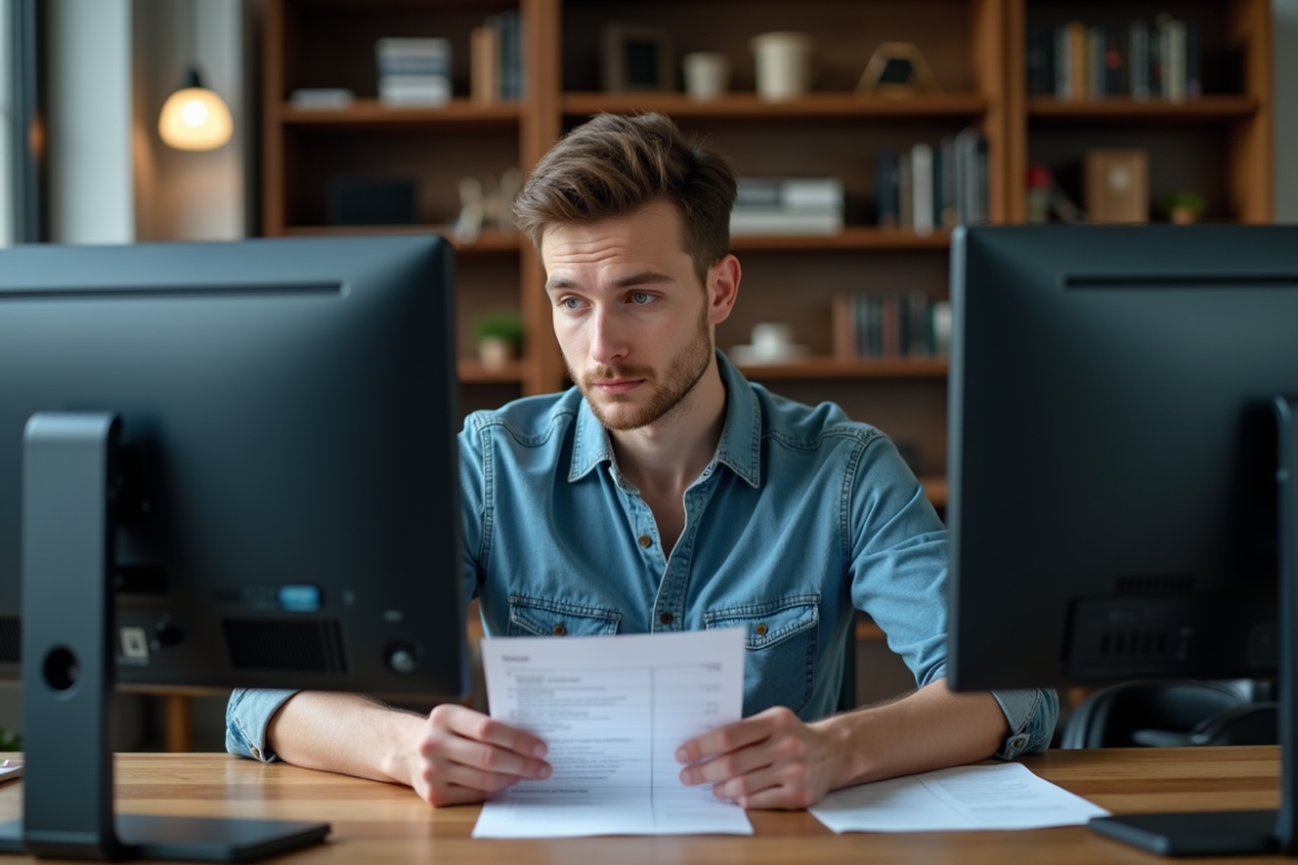 Jeune homme compare deux ordinateurs avec Core i5 et i7