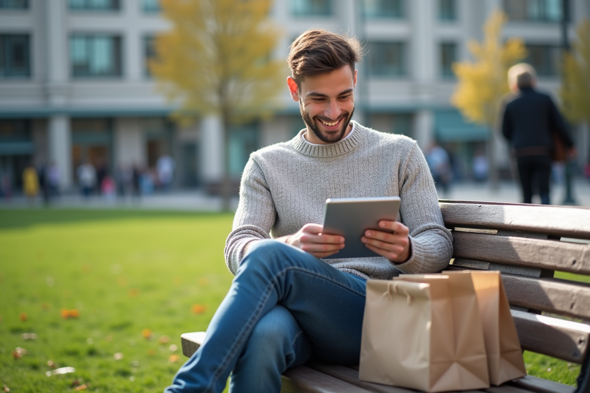 Jeune homme souriant sur un banc de parc avec tablette