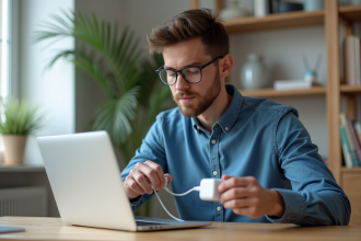 Jeune homme avec ordinateur et adaptateur port USB