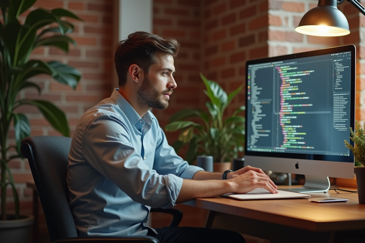 Jeune homme travaillant sur un ordinateur dans un bureau cosy