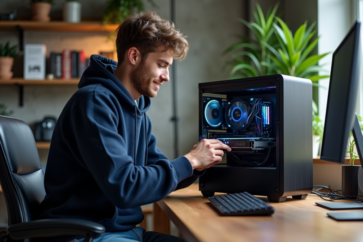 Jeune homme installant une carte graphique dans un PC moderne