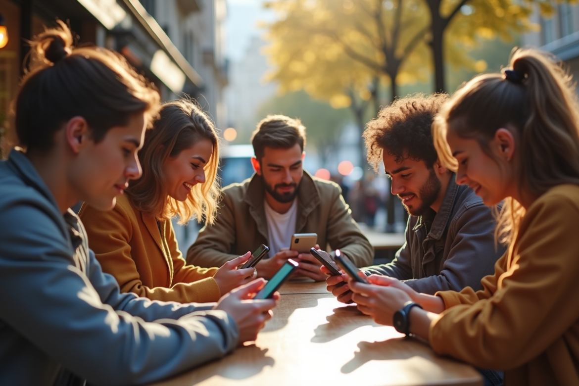 Groupe de jeunes adultes au café utilisant des smartphones
