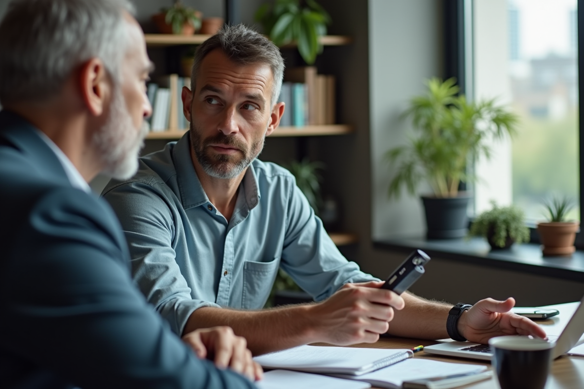 Journaliste interviewant un expert avec un enregistreur numérique