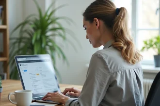 Femme travaillant sur un webmail IONOS pour migrer ses anciens emails depuis un bureau à domicile
