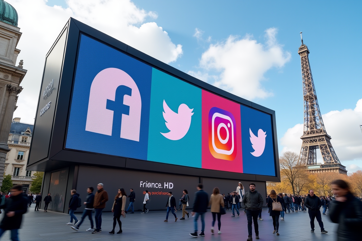 Panneau digital à Paris affichant logos réseaux sociaux