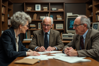 Trois pionniers de l'informatique autour d'un bureau vintage