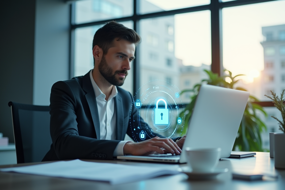Professionnel de bureau utilisant un hologramme de cadenas numérique