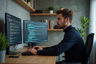 Jeune professionnel IT concentré devant ses écrans en bureau moderne