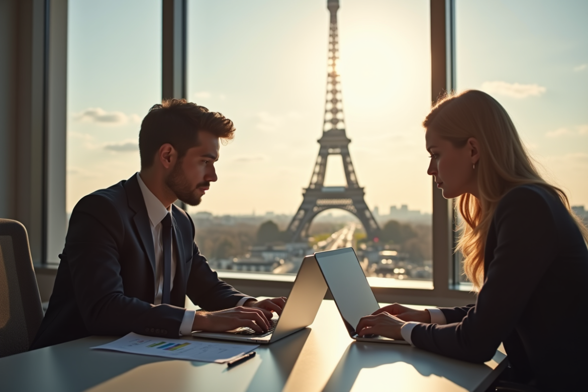 Jeune professionnel et femme analysant des données SEO avec la Tour Eiffel