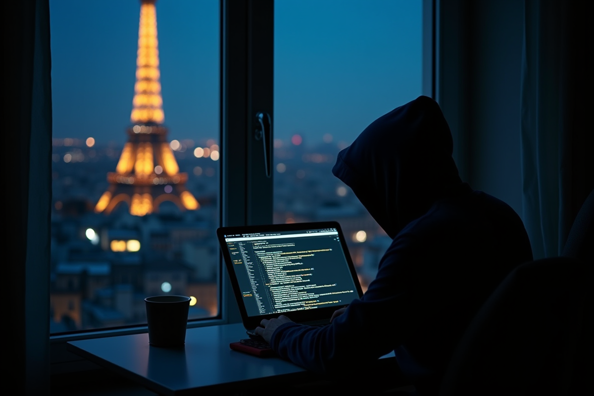 Silhouette d une personne en hoodie travaillant la nuit à Paris