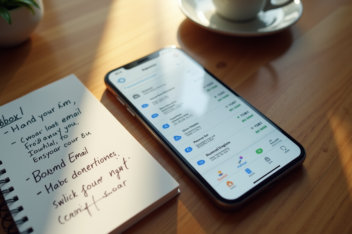 Smartphone avec boîte mail organisée et notes manuscrites