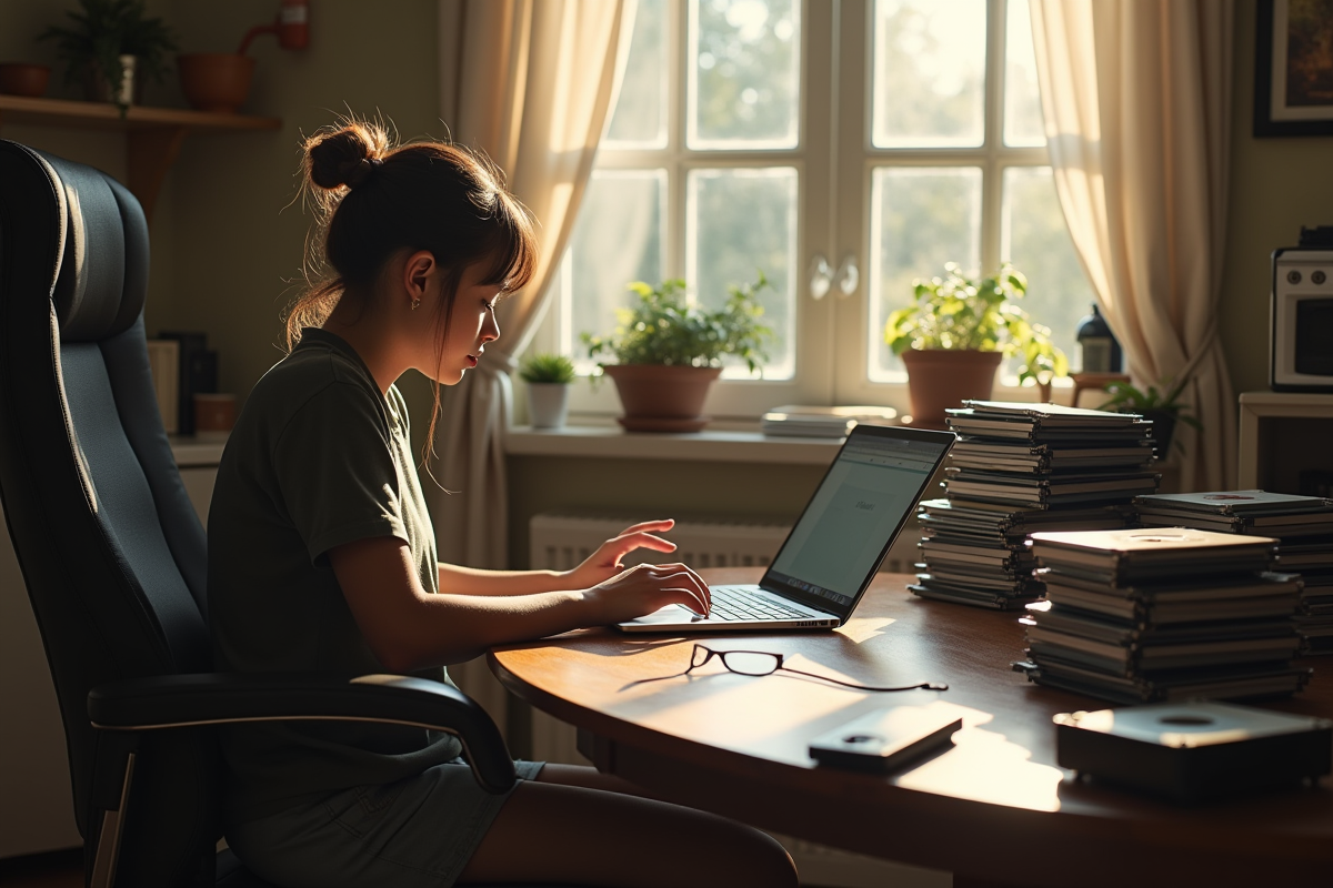 Personne travaillant chez elle avec disquettes et clés USB